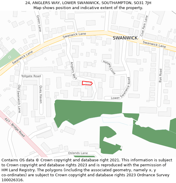 24, ANGLERS WAY, LOWER SWANWICK, SOUTHAMPTON, SO31 7JH: Location map and indicative extent of plot