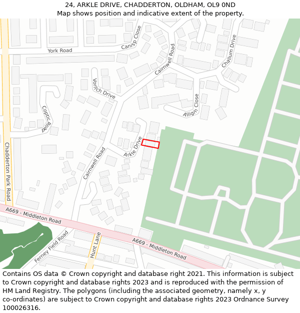 24, ARKLE DRIVE, CHADDERTON, OLDHAM, OL9 0ND: Location map and indicative extent of plot