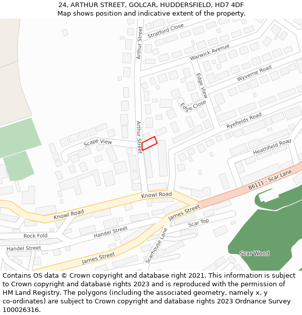 24, ARTHUR STREET, GOLCAR, HUDDERSFIELD, HD7 4DF: Location map and indicative extent of plot