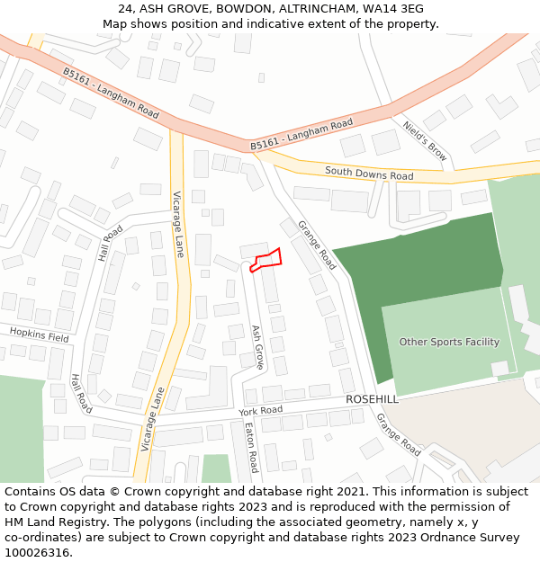 24, ASH GROVE, BOWDON, ALTRINCHAM, WA14 3EG: Location map and indicative extent of plot