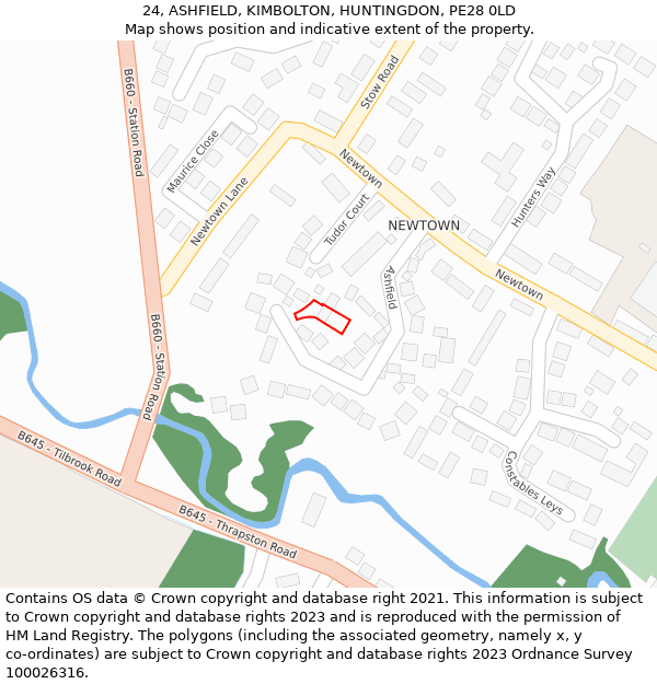 24, ASHFIELD, KIMBOLTON, HUNTINGDON, PE28 0LD: Location map and indicative extent of plot