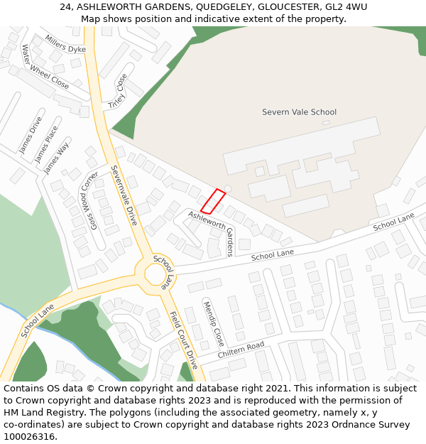 24, ASHLEWORTH GARDENS, QUEDGELEY, GLOUCESTER, GL2 4WU: Location map and indicative extent of plot