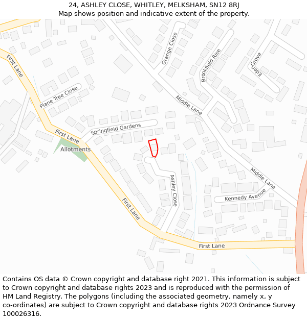 24, ASHLEY CLOSE, WHITLEY, MELKSHAM, SN12 8RJ: Location map and indicative extent of plot