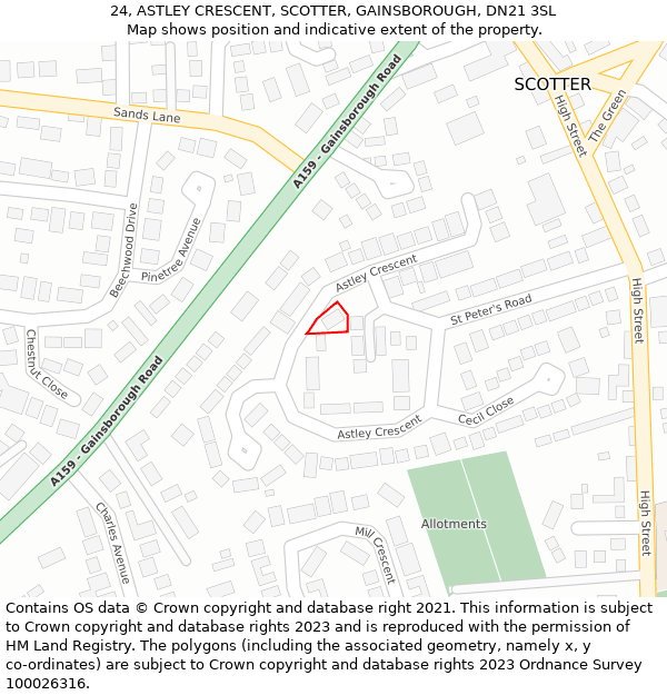 24, ASTLEY CRESCENT, SCOTTER, GAINSBOROUGH, DN21 3SL: Location map and indicative extent of plot