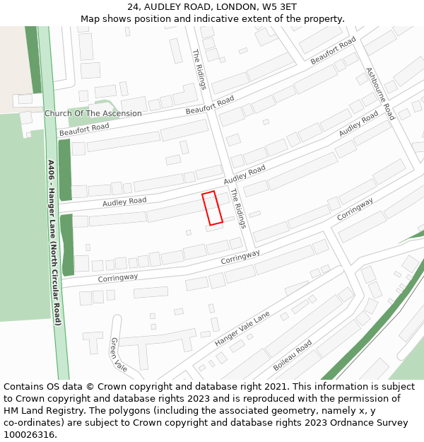 24, AUDLEY ROAD, LONDON, W5 3ET: Location map and indicative extent of plot
