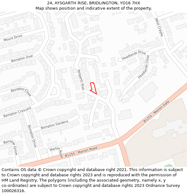 24, AYSGARTH RISE, BRIDLINGTON, YO16 7HX: Location map and indicative extent of plot