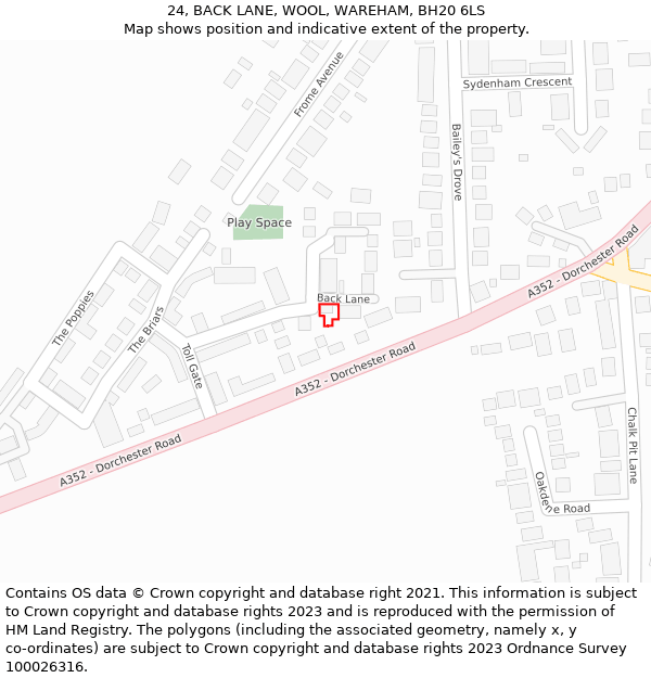 24, BACK LANE, WOOL, WAREHAM, BH20 6LS: Location map and indicative extent of plot