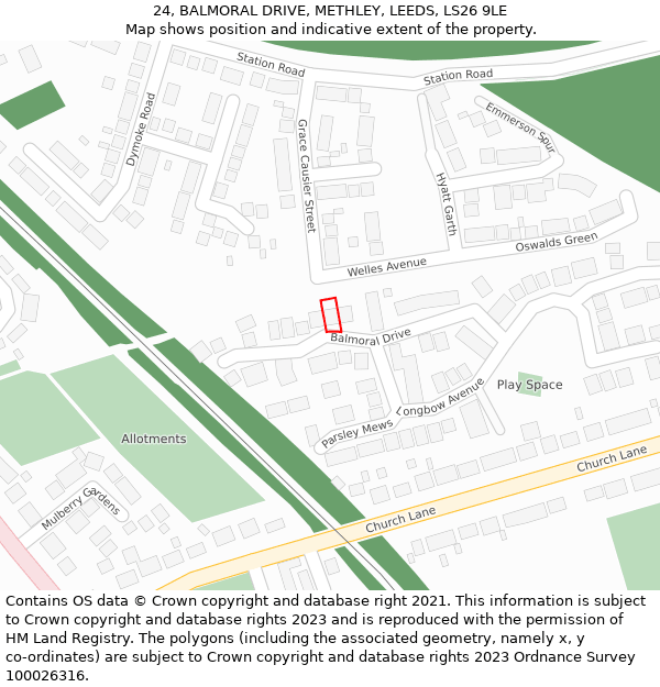 24, BALMORAL DRIVE, METHLEY, LEEDS, LS26 9LE: Location map and indicative extent of plot