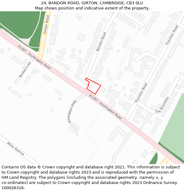 24, BANDON ROAD, GIRTON, CAMBRIDGE, CB3 0LU: Location map and indicative extent of plot