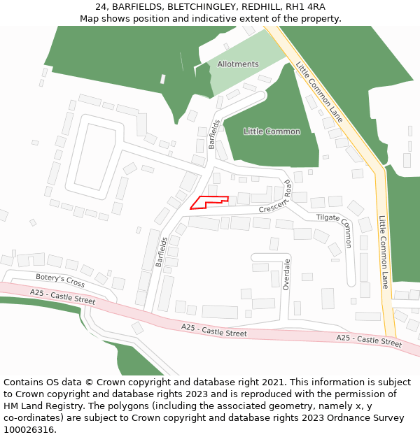 24, BARFIELDS, BLETCHINGLEY, REDHILL, RH1 4RA: Location map and indicative extent of plot