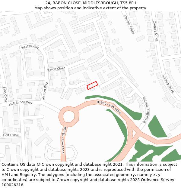 24, BARON CLOSE, MIDDLESBROUGH, TS5 8FH: Location map and indicative extent of plot