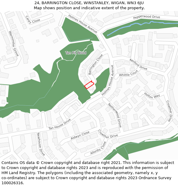 24, BARRINGTON CLOSE, WINSTANLEY, WIGAN, WN3 6JU: Location map and indicative extent of plot