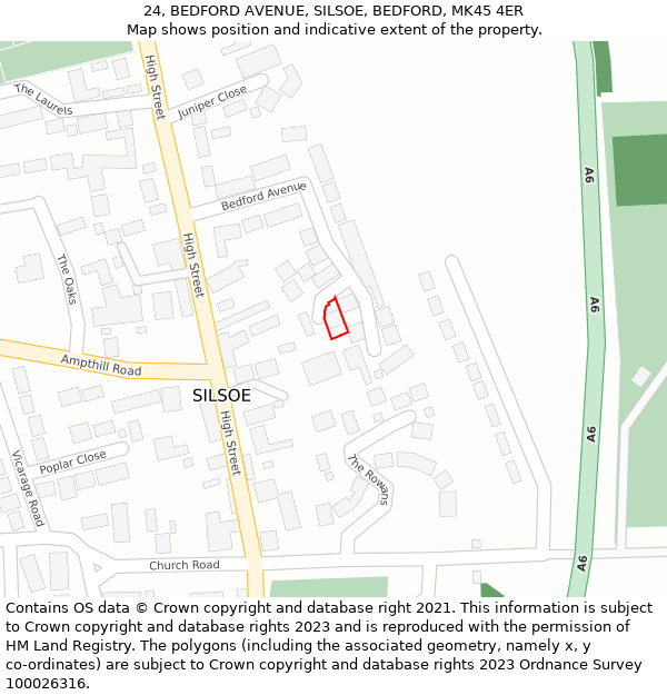 24, BEDFORD AVENUE, SILSOE, BEDFORD, MK45 4ER: Location map and indicative extent of plot