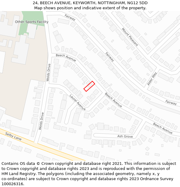 24, BEECH AVENUE, KEYWORTH, NOTTINGHAM, NG12 5DD: Location map and indicative extent of plot