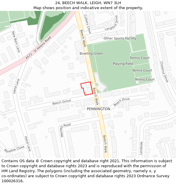 24, BEECH WALK, LEIGH, WN7 3LH: Location map and indicative extent of plot