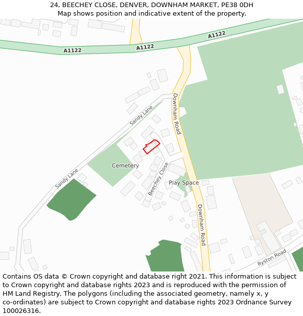 24, BEECHEY CLOSE, DENVER, DOWNHAM MARKET, PE38 0DH: Location map and indicative extent of plot