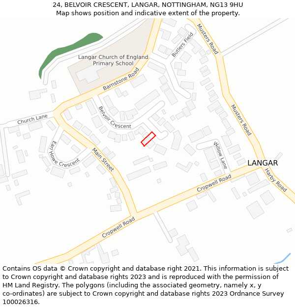 24, BELVOIR CRESCENT, LANGAR, NOTTINGHAM, NG13 9HU: Location map and indicative extent of plot