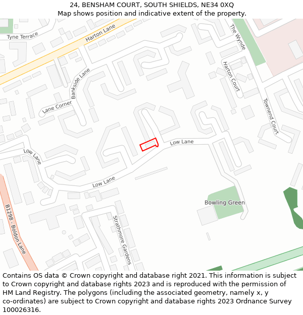 24, BENSHAM COURT, SOUTH SHIELDS, NE34 0XQ: Location map and indicative extent of plot