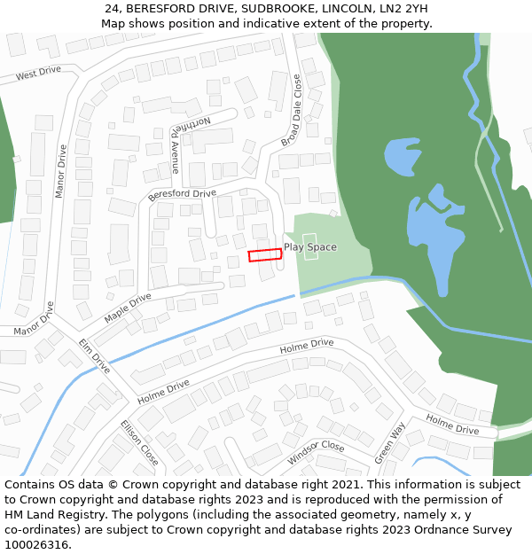 24, BERESFORD DRIVE, SUDBROOKE, LINCOLN, LN2 2YH: Location map and indicative extent of plot