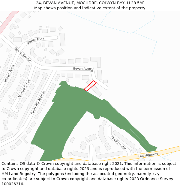 24, BEVAN AVENUE, MOCHDRE, COLWYN BAY, LL28 5AF: Location map and indicative extent of plot