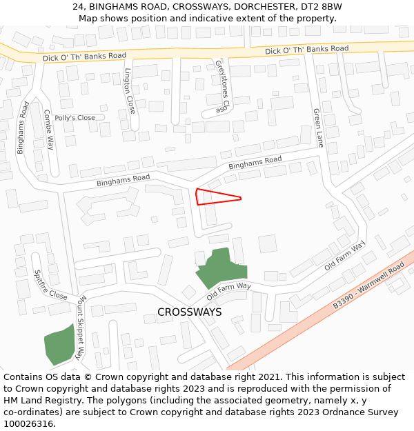 24, BINGHAMS ROAD, CROSSWAYS, DORCHESTER, DT2 8BW: Location map and indicative extent of plot