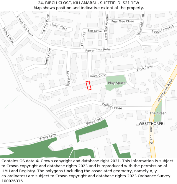 24, BIRCH CLOSE, KILLAMARSH, SHEFFIELD, S21 1FW: Location map and indicative extent of plot