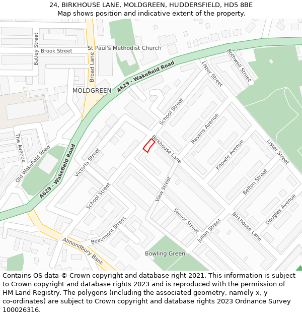 24, BIRKHOUSE LANE, MOLDGREEN, HUDDERSFIELD, HD5 8BE: Location map and indicative extent of plot