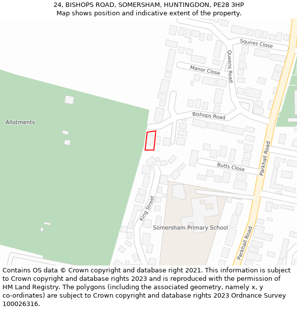 24, BISHOPS ROAD, SOMERSHAM, HUNTINGDON, PE28 3HP: Location map and indicative extent of plot