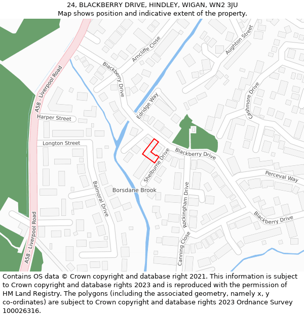 24, BLACKBERRY DRIVE, HINDLEY, WIGAN, WN2 3JU: Location map and indicative extent of plot