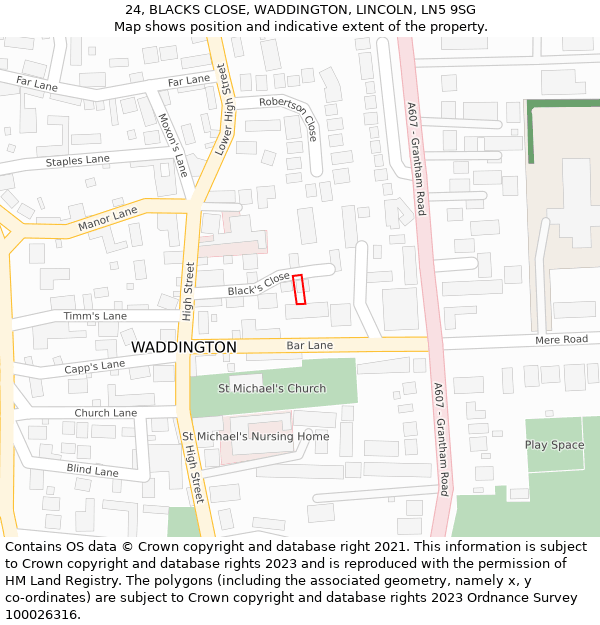 24, BLACKS CLOSE, WADDINGTON, LINCOLN, LN5 9SG: Location map and indicative extent of plot