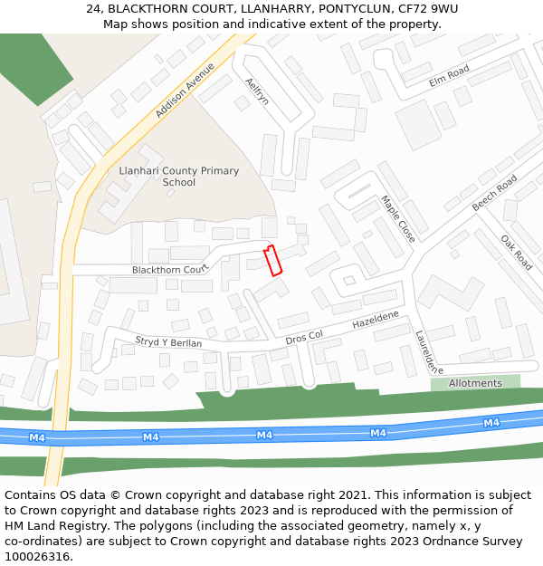 24, BLACKTHORN COURT, LLANHARRY, PONTYCLUN, CF72 9WU: Location map and indicative extent of plot