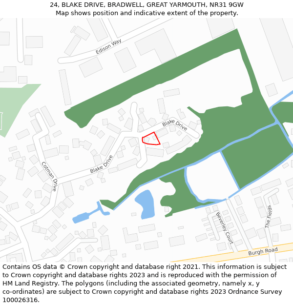 24, BLAKE DRIVE, BRADWELL, GREAT YARMOUTH, NR31 9GW: Location map and indicative extent of plot