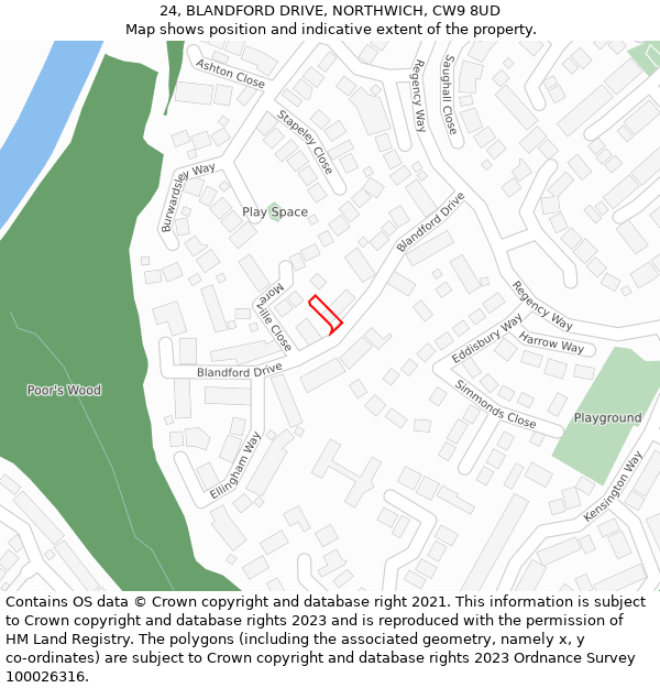 24, BLANDFORD DRIVE, NORTHWICH, CW9 8UD: Location map and indicative extent of plot