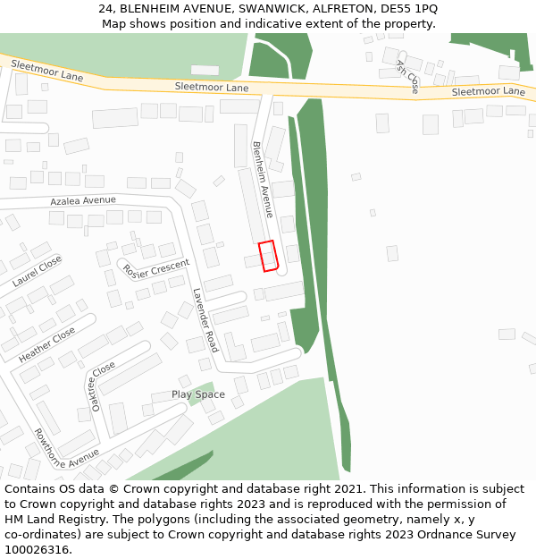 24, BLENHEIM AVENUE, SWANWICK, ALFRETON, DE55 1PQ: Location map and indicative extent of plot