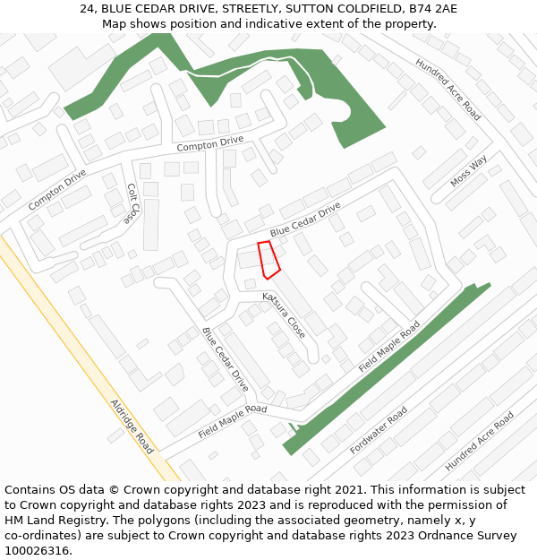 24, BLUE CEDAR DRIVE, STREETLY, SUTTON COLDFIELD, B74 2AE: Location map and indicative extent of plot