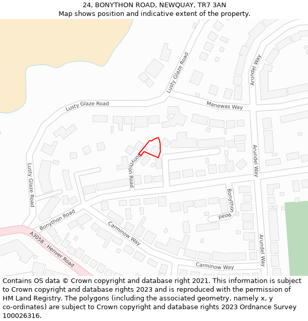 24, BONYTHON ROAD, NEWQUAY, TR7 3AN: Location map and indicative extent of plot