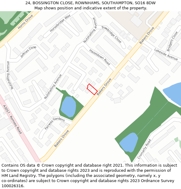 24, BOSSINGTON CLOSE, ROWNHAMS, SOUTHAMPTON, SO16 8DW: Location map and indicative extent of plot