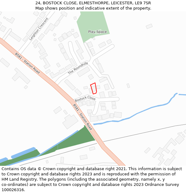 24, BOSTOCK CLOSE, ELMESTHORPE, LEICESTER, LE9 7SR: Location map and indicative extent of plot