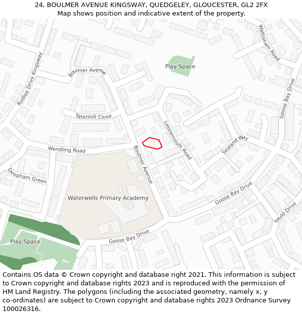 24, BOULMER AVENUE KINGSWAY, QUEDGELEY, GLOUCESTER, GL2 2FX: Location map and indicative extent of plot