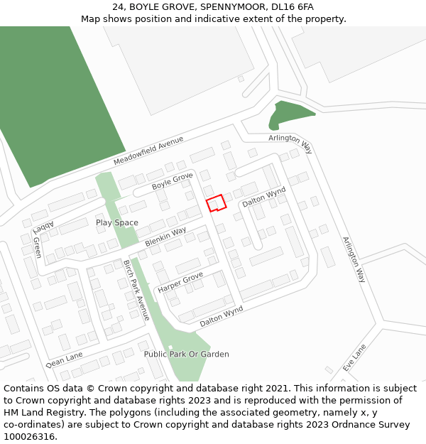 24, BOYLE GROVE, SPENNYMOOR, DL16 6FA: Location map and indicative extent of plot