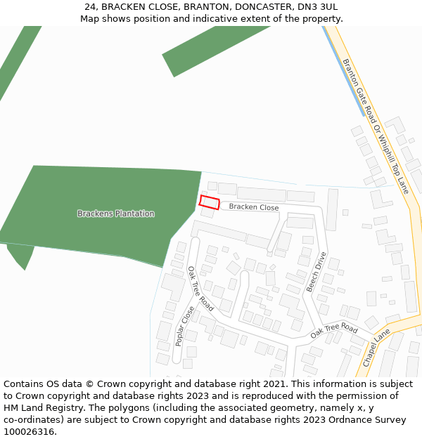 24, BRACKEN CLOSE, BRANTON, DONCASTER, DN3 3UL: Location map and indicative extent of plot