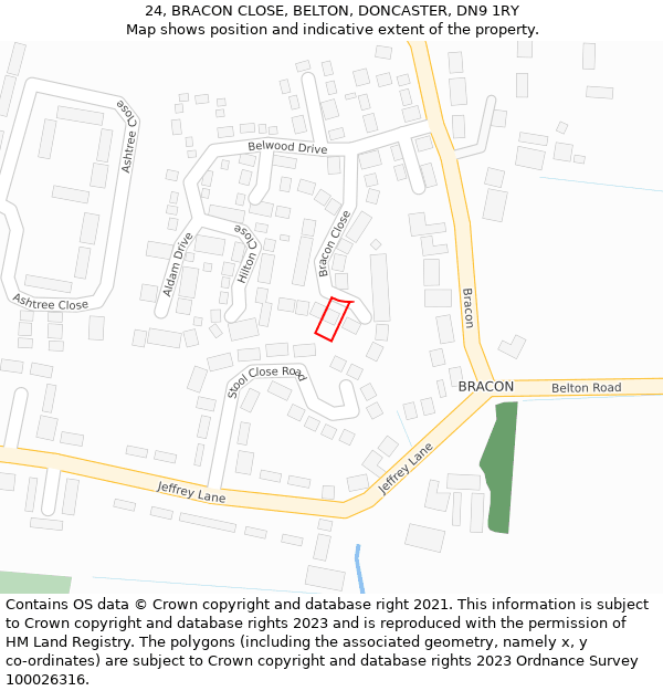 24, BRACON CLOSE, BELTON, DONCASTER, DN9 1RY: Location map and indicative extent of plot