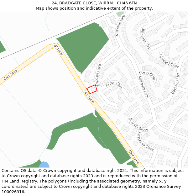 24, BRADGATE CLOSE, WIRRAL, CH46 6FN: Location map and indicative extent of plot