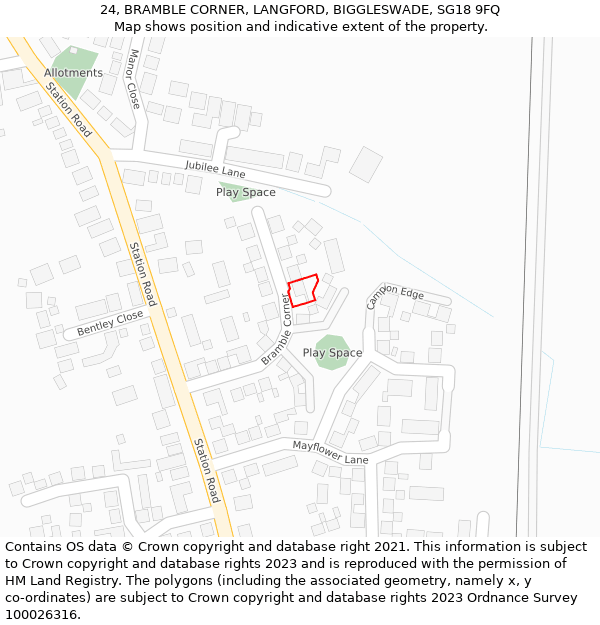 24, BRAMBLE CORNER, LANGFORD, BIGGLESWADE, SG18 9FQ: Location map and indicative extent of plot