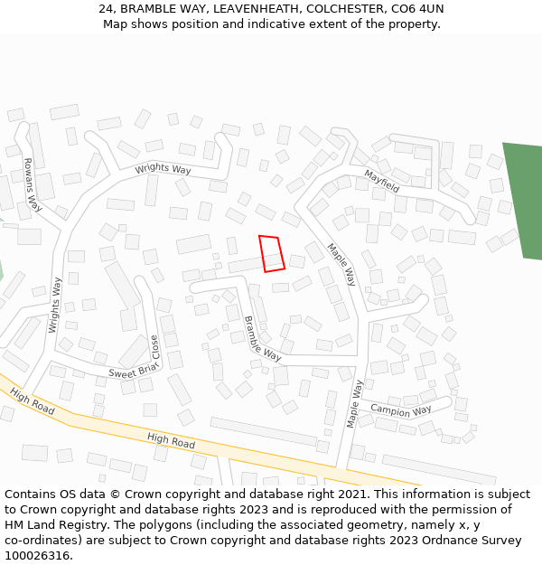 24, BRAMBLE WAY, LEAVENHEATH, COLCHESTER, CO6 4UN: Location map and indicative extent of plot