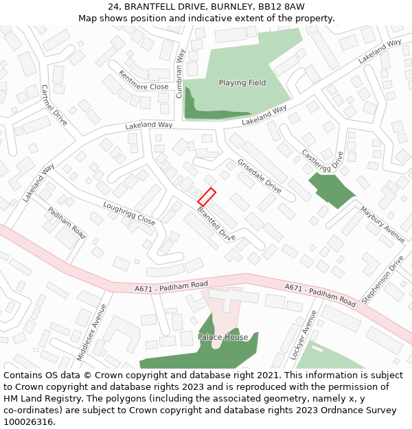 24, BRANTFELL DRIVE, BURNLEY, BB12 8AW: Location map and indicative extent of plot