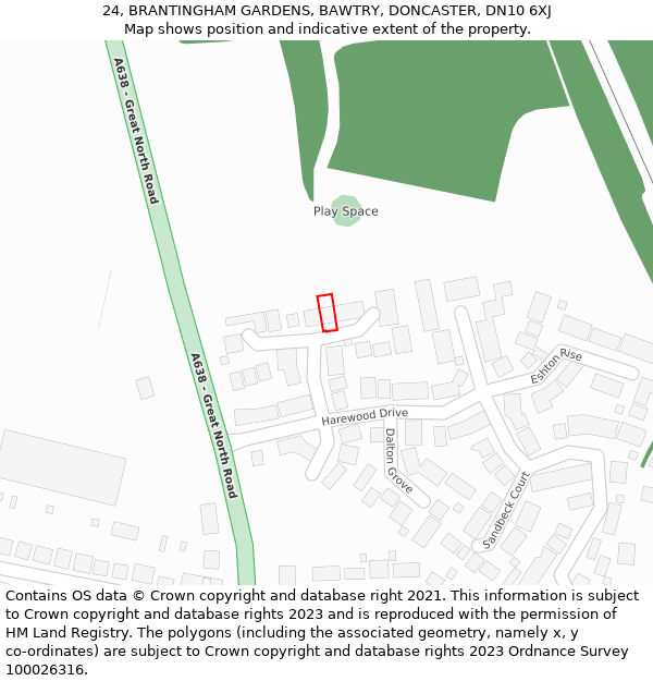 24, BRANTINGHAM GARDENS, BAWTRY, DONCASTER, DN10 6XJ: Location map and indicative extent of plot