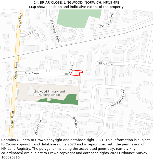 24, BRIAR CLOSE, LINGWOOD, NORWICH, NR13 4PB: Location map and indicative extent of plot