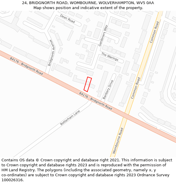 24, BRIDGNORTH ROAD, WOMBOURNE, WOLVERHAMPTON, WV5 0AA: Location map and indicative extent of plot