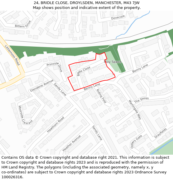 24, BRIDLE CLOSE, DROYLSDEN, MANCHESTER, M43 7JW: Location map and indicative extent of plot